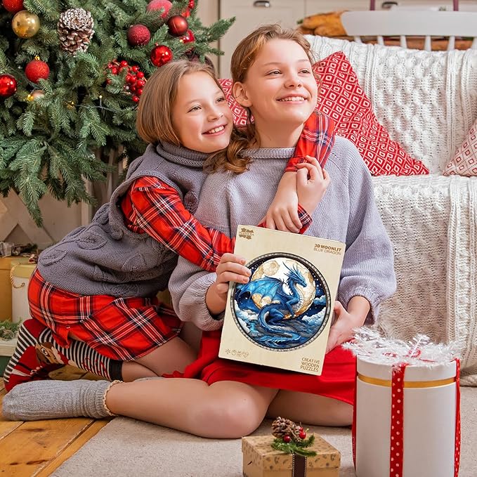 Wooden Puzzles for Adults - Moonlight Blue Dragon Wooden Jigsaw Puzzle, Unique Animal Shaped Wood Puzzles Adult, Christmas Birthday Gifts for Friends/Family, Home Decor 13.4 * 13.4in 300pcs