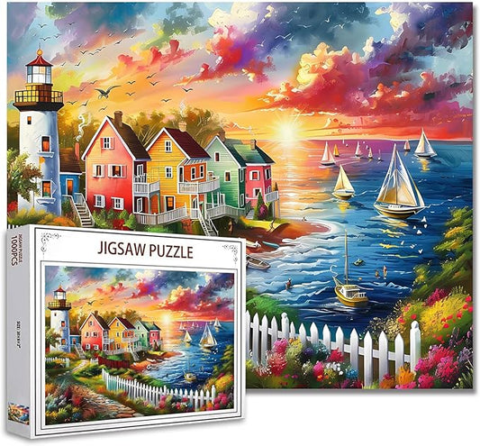 Colorful Seaside Town Jigsaw Puzzles for Adults 1000 Pieces, Lighthouse Boats Sunset Jigsaw Puzzle Art 27 x 20 Inches Beautiful Clouds DIY Puzzles for Home Decoration, Family Puzzle Game Nights