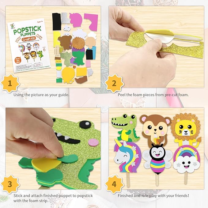 VKPI Make 6 Popstick Puppets Craft Kits for Kids, Foam Art Crafts Gift, Story Time Toys for Ages 4+ Toddler, Cloud, Animals, Preschool Projects Game Crafts, Birthday Party Favor Supplies