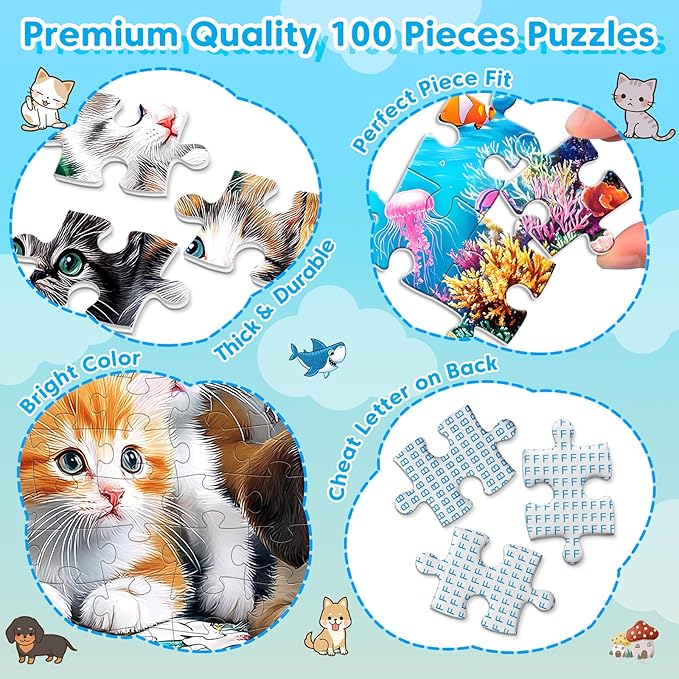 4 Packs 100 Piece Puzzles for Kids Ages 4-6 6-8 8-10, Sea World Cats&Dogs Mushroom House Educational Jigsaw Puzzles, Kids Puzzles 5-8 Gifts for Girls Boys