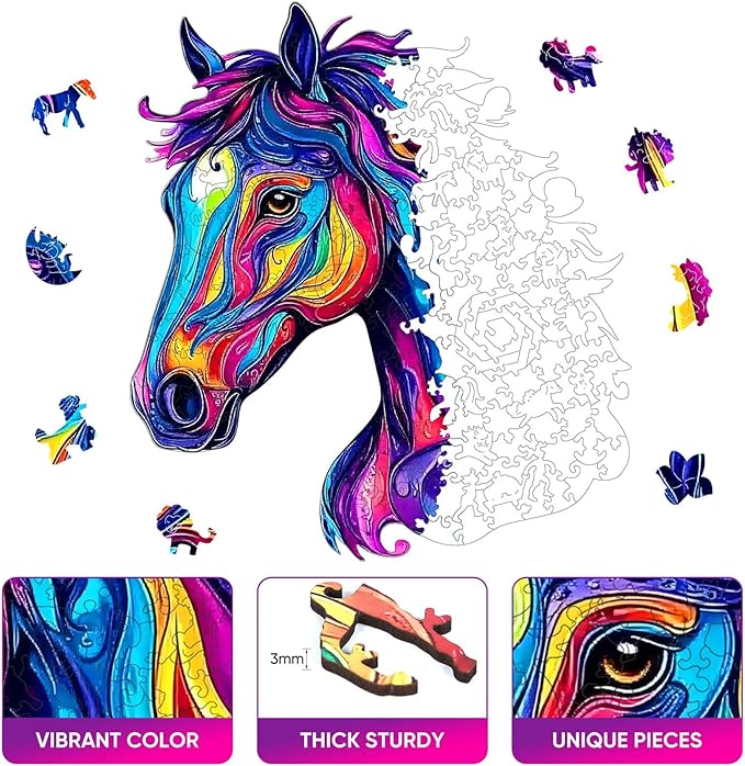 Wooden Jigsaw Puzzle, 200 Pcs Unique 3D Shape Jigsaw Puzzles, Wood Puzzle Gift Box Packing, Medium Size Letter, Creative Gift for Adults and Kids, Fun Challenging (EA4Horse, 200PCS)