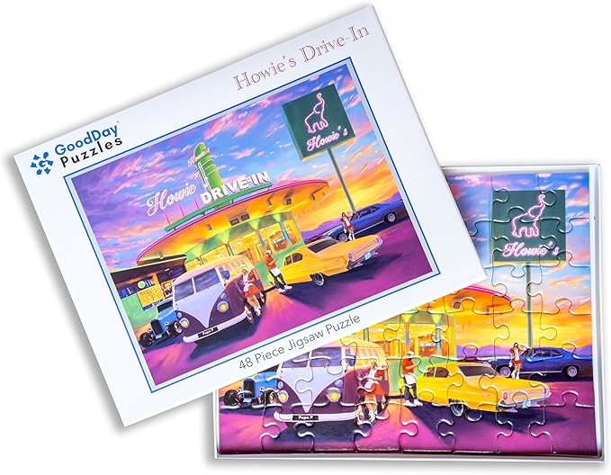 Large Piece Jigsaw Puzzle – Easy & Colorful, Dementia & Memory Activities for Seniors, Elderly Gifts, 48 Pieces, Howie's Drive-in