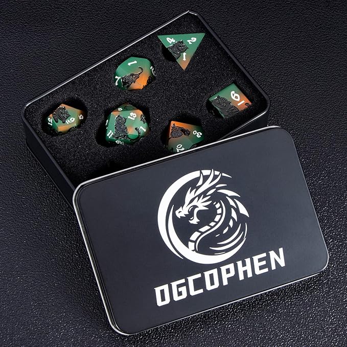 Metal DND Cat Dice 7PCS Polyhedral RPG Dice Set with Gift Case for Dungeons Dragons Role Playing Game, D and D Dice D6 D8 D10 D12 D20 D% (Orange Green)