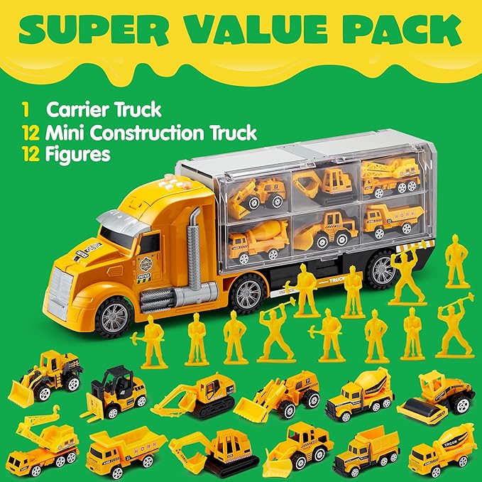 JOYIN 25 in 1 Kids Construction Truck Toy Set, 24Pcs Push and Go Cars and Worker Figures, Toddler Play Vehicles Carrier Truck with Sounds and Light, Birthday Gifts Toys for 3 4 5 6 7 Years Old Boys