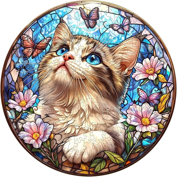 Wooden Puzzle 100PCS Ragdoll and Butterfly Unique Shape Advanced Wood Puzzle for Adults,Holiday Birthday Gift,Craft kit (Ragdoll and Butterfly, Large)