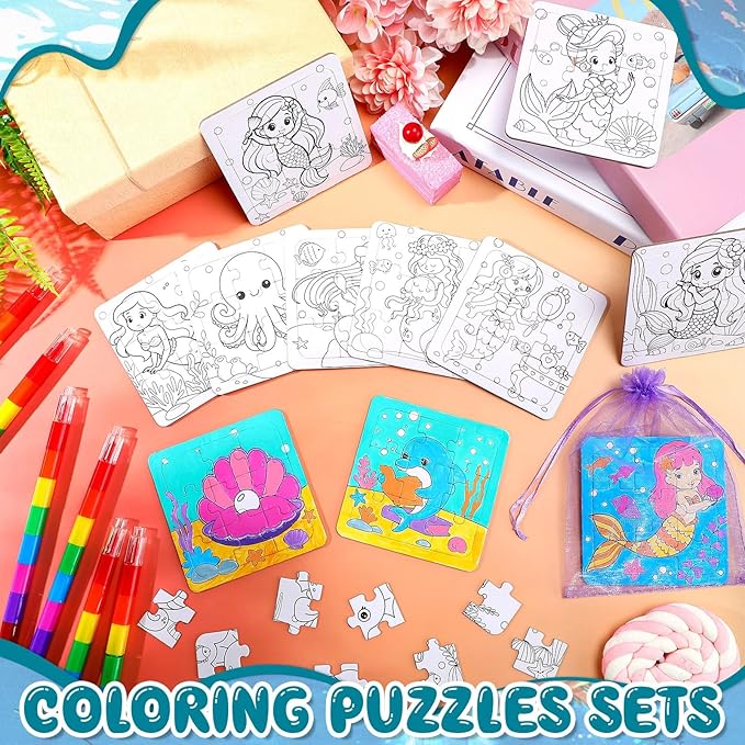 Fullhawl 12 Sets Mermaid Puzzles Underwater Color Your Own Puzzles DIY Jigsaw Crafts with 12 Stackable Crayons and 12 Bags for Under The Sea Theme Gifts Birthday Party Supplies(12, Mermaid)