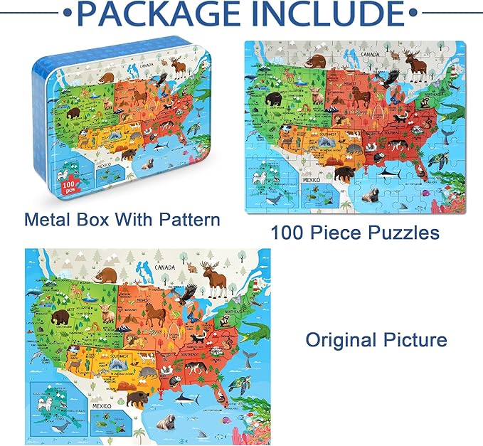 LELEMON Puzzles for Kids Ages 4-6,Animal Map 100 Piece Puzzles for Kids Ages 4-8 in a Metal Box, Educational Jigsaw Puzzles 100 Piece Puzzle Games Puzzle Toys for Girls and Boys