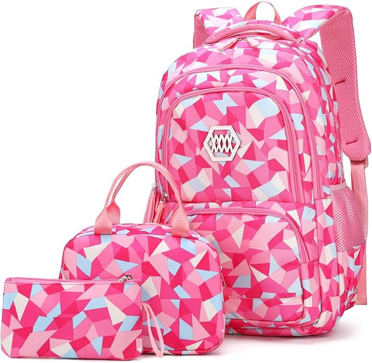 3Pcs Geometric Print School Backpack and Lunchbox Set for Girls, School Bag Girls Backpack for School Elementary Bookbags