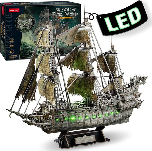 CubicFun 3D Puzzles for Adults Green LED Flying Dutchman, 360 Pieces Pirate Ship Arts & Crafts for Adults Gifts for Men Women Model Kit, Lighting Ghost Ship Easter Gifts Father's Gift