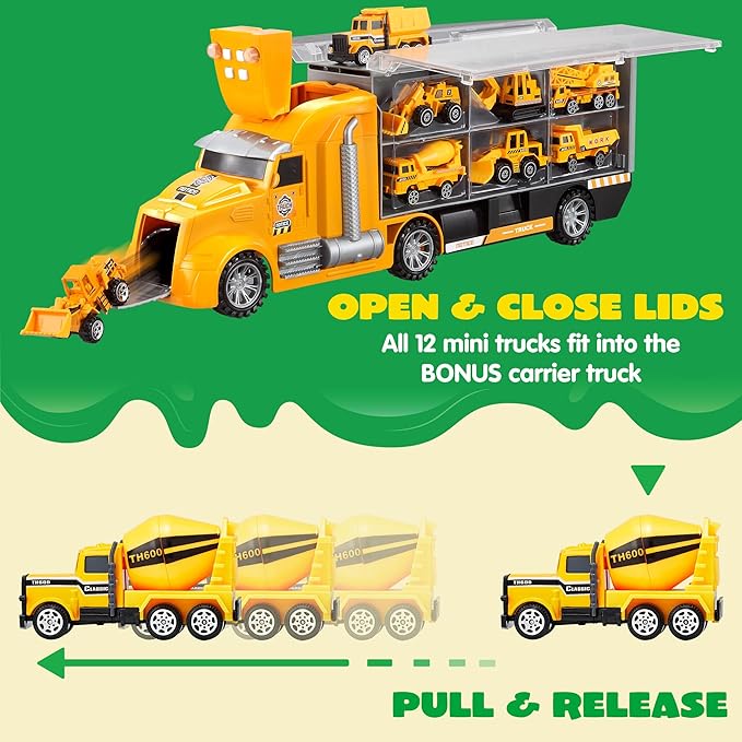 JOYIN 25 in 1 Kids Construction Truck Toy Set, 24Pcs Push and Go Cars and Worker Figures, Toddler Play Vehicles Carrier Truck with Sounds and Light, Birthday Gifts Toys for 3 4 5 6 7 Years Old Boys