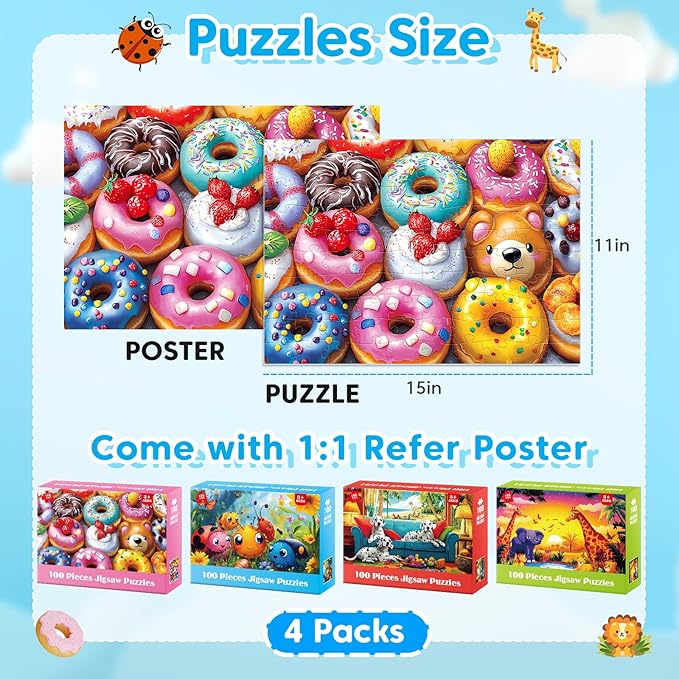 4 Packs 100 Piece Puzzles for Kids Ages 4-6-8-10, Donuts Insects Dalmatians Animals Large Piece Jigsaw Puzzles for Children Senior Adult Educational Puzzle Toys Preschool Birthday Gifts