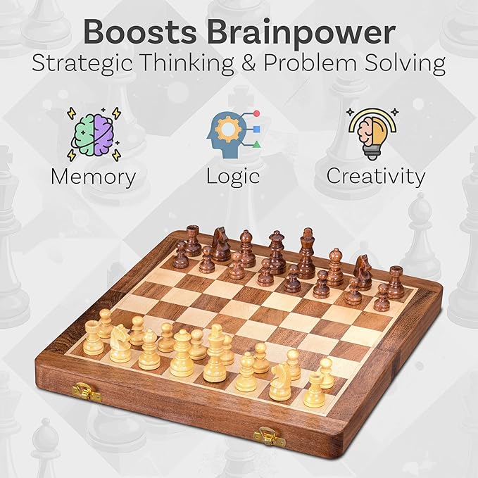 INTAJ 12" Large Wooden Chess Set - Handcrafted Chess Board Game with Magnetic Pieces & Storage - Deluxe Folding Board for Kids & Adults - Premium Acacia Wood Set for Home Decor, Coffee Table & Gift