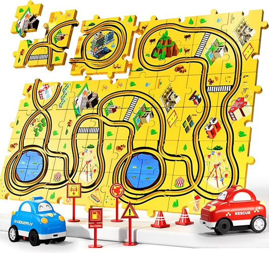 Bennol 56 PCS Puzzle Race Car Track Set Toys for Kids, Floor Puzzle Tracks Car Gifts for 3 4 5 Year Old Boys Kids, Toys Gifts for 3 4 5 Year Old Boys, Puzzle Racer Set for Ages 3-5 4-6