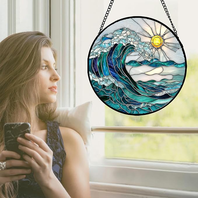 Stained Glass Window Hanging - Blue Green Waves Suncatcher for Door Terrace Garden Home Decor Sunrise Over The Sea Sun Catcher Birthday Gifts for Lovers Women Men Dad Mom Nana 9.8 in