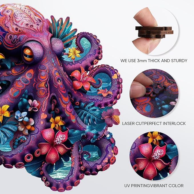 Octopus Wooden Puzzle for Adults, Ocean Jigsaw Puzzles 200 Piece, Unique Shapes Family Reunion Puzzle for Adults, Beautiful Package, Best Gift for Family Friends Medium 11.4x11.37in