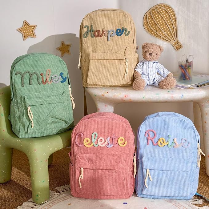 Personalized Corduroy Backpack for Girls Boys, Custom Name School Bag with Cotton Rope Woven, Customize Back to School Bag Gifts for Kids, Birthday/Christmas Gift