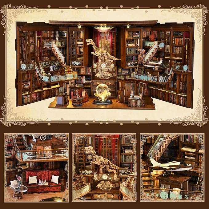 DIY Book Nook Kit for Adults, 3D Wooden Puzzle Bookend Bookshelf Insert Decor with LED Light and Dust Cover (Beyond Library Max)