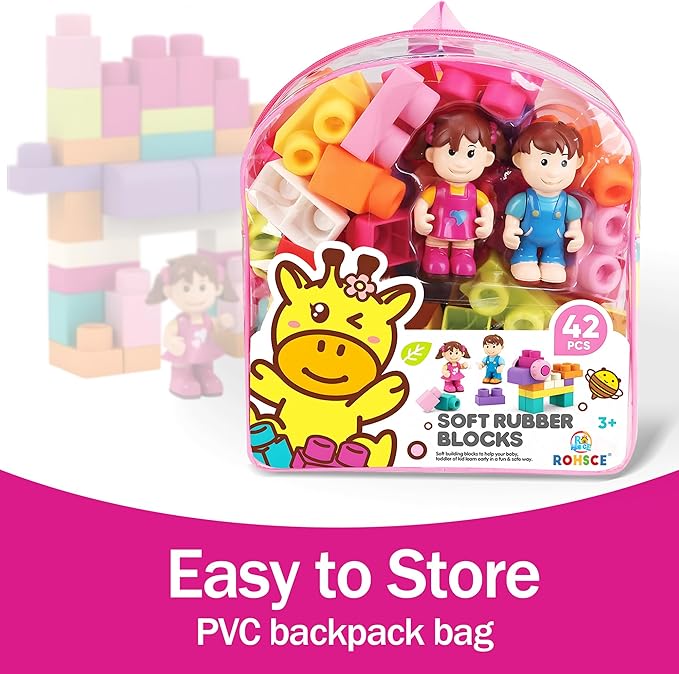 Soft Building Blocks for Toddlers, Stacking Blocks for Babies 6 Months and Up STEM Toddler Gifts, Large Construction Block Set Rubber Blocks Bag with 42 Pieces and Storage,Gift for Easter