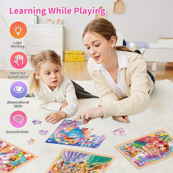 24PCS Wooden Puzzles for Kids Ages 4-6, 4 in 1 Box, Preschool Educational Toys Birthday Gifts Puzzles for 3 4 5 6 7 8 Year Old Boy Girls, Princess
