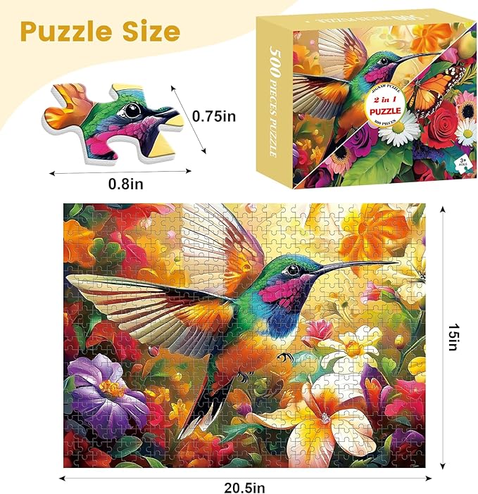 2-Pack 500 Pieces Puzzles for Adults, Flower Hummingbird Puzzles 500 Pieces Butterfly Jigsaw Puzzles for Adults, Birthday Party for Family Kids, Game Nights Gifts
