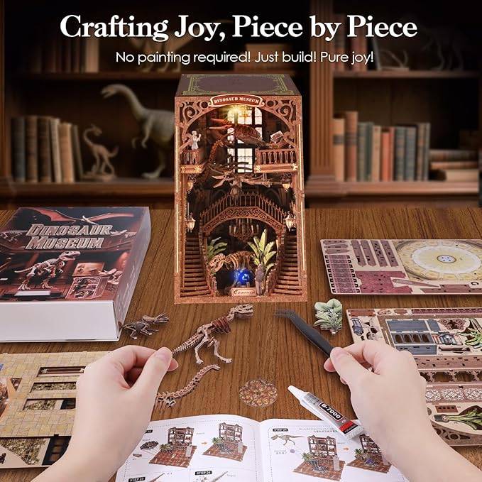 [2025 New] Dinosaur Museum Book Nook Kit with Dust Cover & LED Light, DIY Miniature House Kit Toy, 3D Wooden Puzzle Bookshelf Decor Building Kit, Birthday Gifts for Family & Friends