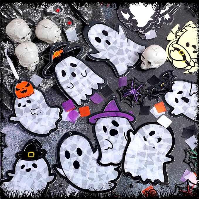 Tinlade 32 Set Halloween Suncatcher Crafts Kit Ghost Suncatcher Paper Crafts with Tissue Paper DIY Window Stained Glass Effect Hanging Ornaments for Halloween Boo DIY Activities Party Favors