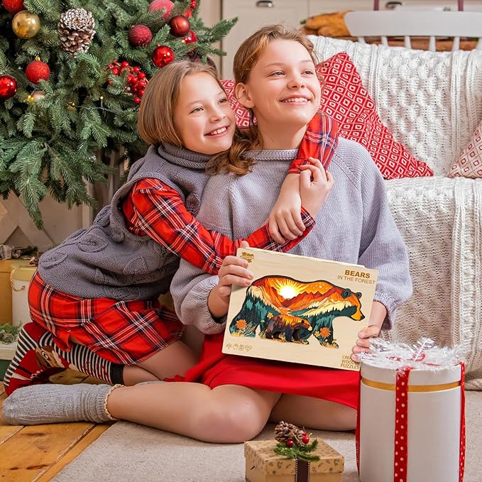 Wooden Puzzles for Adults - Bears in The Forest Wooden Jigsaw Puzzle, Unique Animal Shaped Wood Puzzles Adult, Christmas Birthday Gifts for Friends/Family, Home Decor 13.1 * 7in 160pcs
