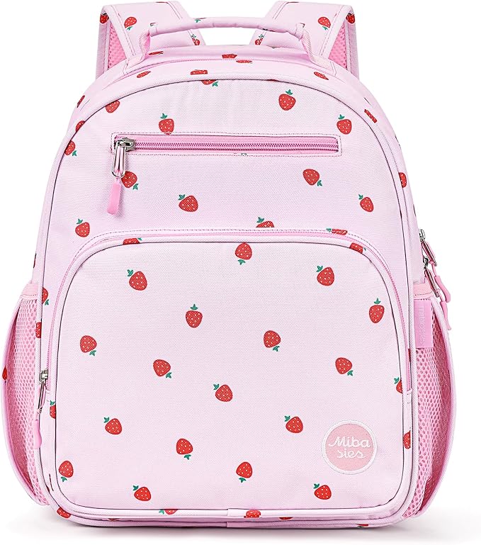 mibasies Girls Backpack 5-8: Lightweight Kids Backpacks for Girls - Girl Bookbag for Elementary School - Strawberry Light Pink
