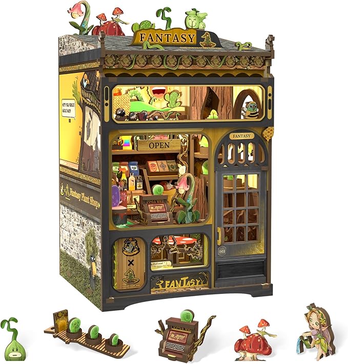 CUTEBEE Book Nook Kit - DIY Miniature Dollhouse for Adults & Teens, LED-Lit Bookshelf Decor, Fantasy Plant Shop Craft Kit, Ideal Gifts (Fantasy Plant Shop)