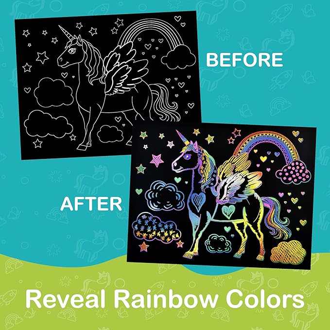 Craftikit ® Rainbow Land Foil Art & Scratch Art for Kids- 2-in-1 Arts and Crafts Kit for Kids Ages 4-10 - Rainbow Crafts for Girls Ages 4, 5, 6, 7, 8, 9, 10