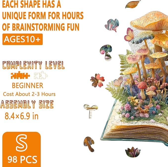 Wooden Puzzles for Adults - Forest Magic Book Wooden Jigsaw Puzzle for Adults, Mushroom Wood Puzzles Adult, Unique Animal Shape Ocean Puzzle, Wall Art Home Decor (S-8.4 * 6.9in -98 Pieces)