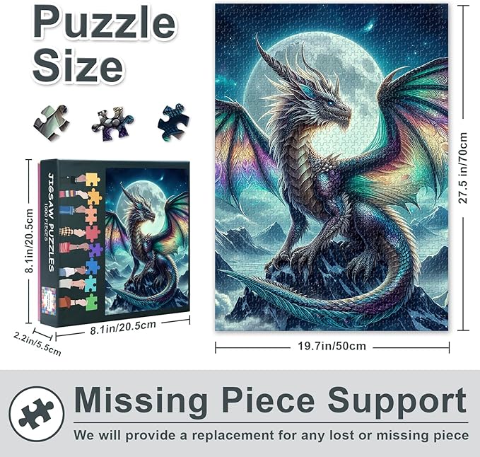 Dragon Puzzles for Adults 1000 Pieces - Difficult Challenging Family Puzzle Moon, 27.5x19.7 Inch Jigsaw Puzzles Fantasy Animals, Puzzle Game for Women Home Decoration Gift