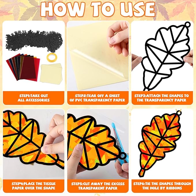32 Sets Fall Maple Leaf Suncatchers Craft Kit DIY Window Stained Glass Effect Autumn Maple Leaf Paper Crafts Home School Classroom Decoration Kid Birthday Gift Creative Art Project Activity Game