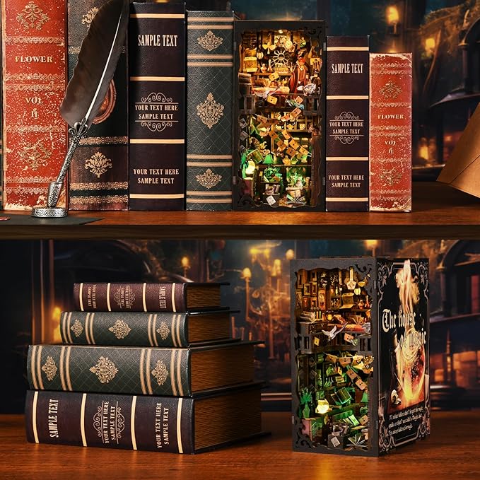 Book Nook Kit for Adults and Teens DIY 3D Wooden Puzzle Bookends, Miniature Dollhouse Kit Bookshelf Decoration, Magic Alley Model with LED Lights,Wizard House
