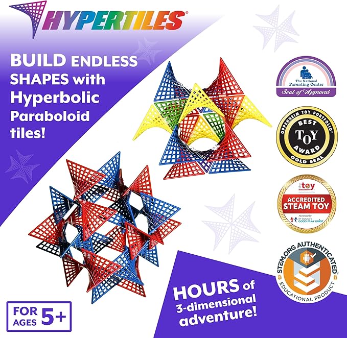 HyperTiles Hyperbolic Building Toy - 3" x 3" STEM Educational 3-Dimensional Adventure: 48 Tiles & 80 Connectors for Logic & Creativity - Infinite Shapes that Flex and Hinge - by Fun In Motion Toys