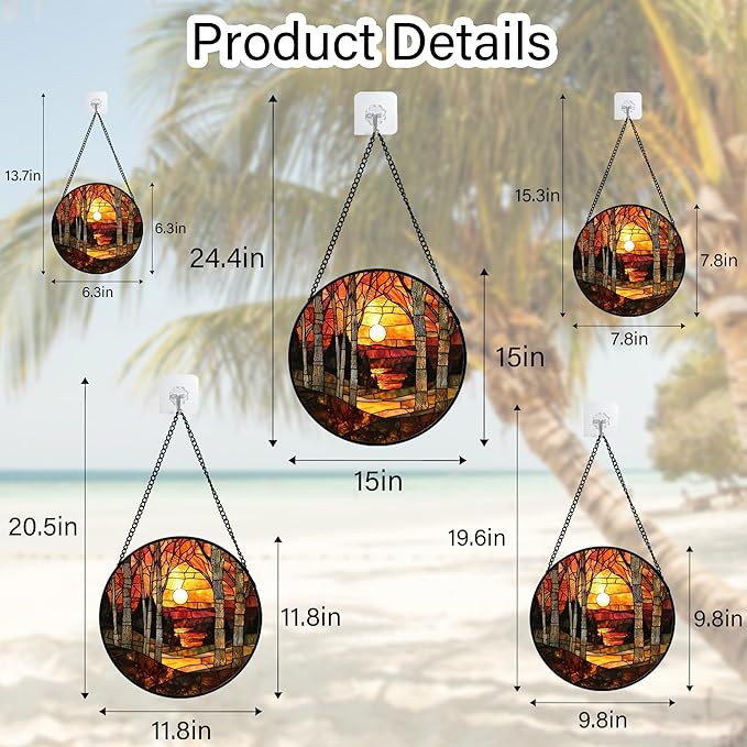Stained Glass Window Hanging, Orange Red Landscape Forest Lake Moon Suncatcher for Doors Window Home Sun Catchers Decor Mother's Day Birthday Gifts for Women Men Mom 15 in