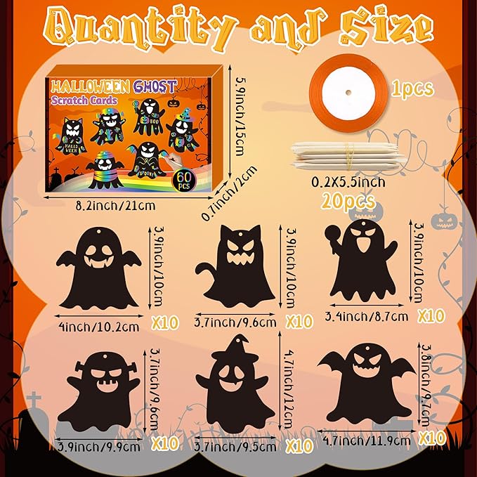 CY2SIDE Halloween Ghost Scratch Cards - 60PCS DIY Boo Spooky Scratch Paper Art for Kids School Activity, Cute Ghost Magic Art Rainbow Color Craft Ornament for Kids Halloween Trick or Treat Party Favor