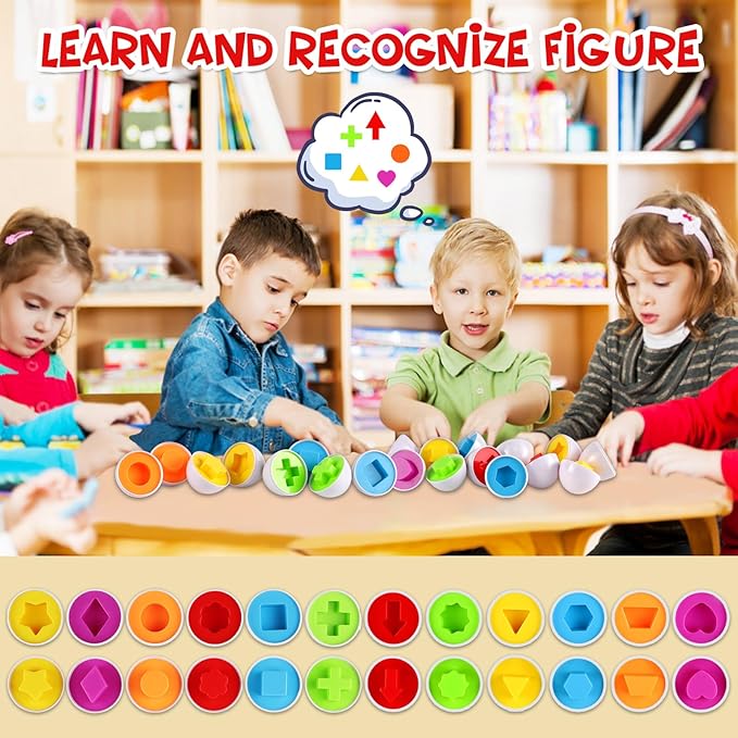 LOOIKOOS Easter Egg Toy for Toddlers 12 pcs Set Color & Shape Recoginition Sorter Puzzle for Easter Travel Bingo Game Early Learning Educational Toys Kids