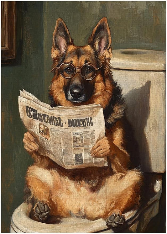 German Shepherd on Toilet Jigsaw Puzzle 1000 Pieces for Adults - Quirky Dog Reading Newspaper with Glasses - 1000pc Dog Bathroom Decor Puzzles (50x70cm / 19.685"x27.559")
