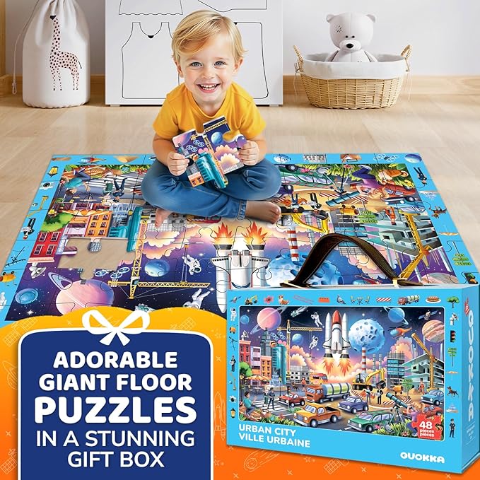 QUOKKA Floor Puzzles for Kids Ages 4-8 – 2x3 FT Giant Search and Find Educational Jigsaw – 48 Large Pieces – Above and Beyond Observational Scene – Fun Montessori Learning Activity with Gift Box