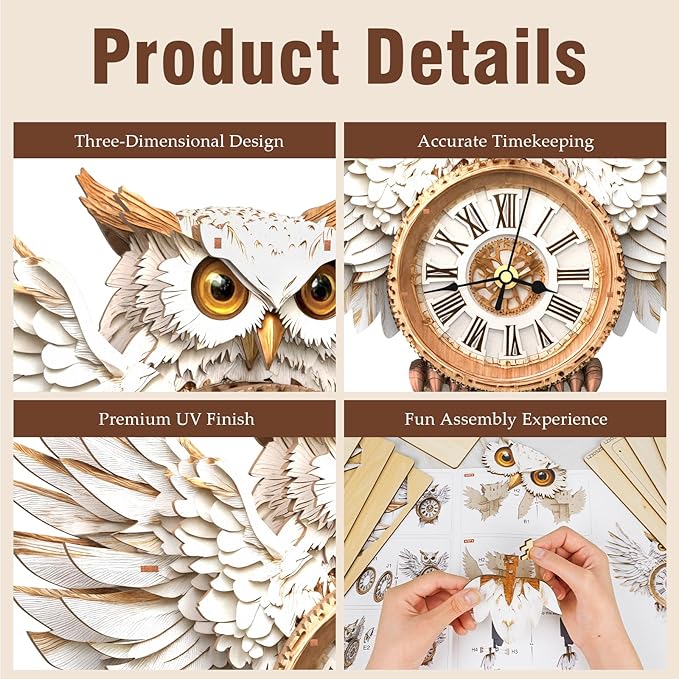 KAAYEE 3D Puzzle for Adult, Wooden Snowy Owl Pendulum Clock Mechanical Model Kit, 31 PCS DIY Vintage Wall Clock Building Kit, Creative Craft Gift for Birthday Home Decor (Battery Not Included)