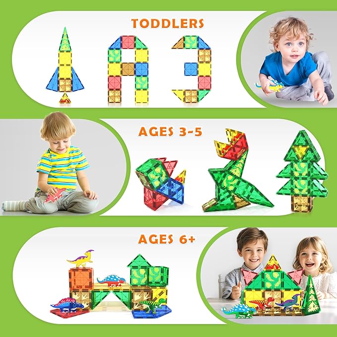 Dinosaur Toys Magnetic Tiles Jurassic Scenes Dinosaur World, Magnetic Blocks STEM Sensory Toddler Kids Games, Creative Toys Gifts for 3+ Years Old Boys Girls for Kids 3-5 5-7
