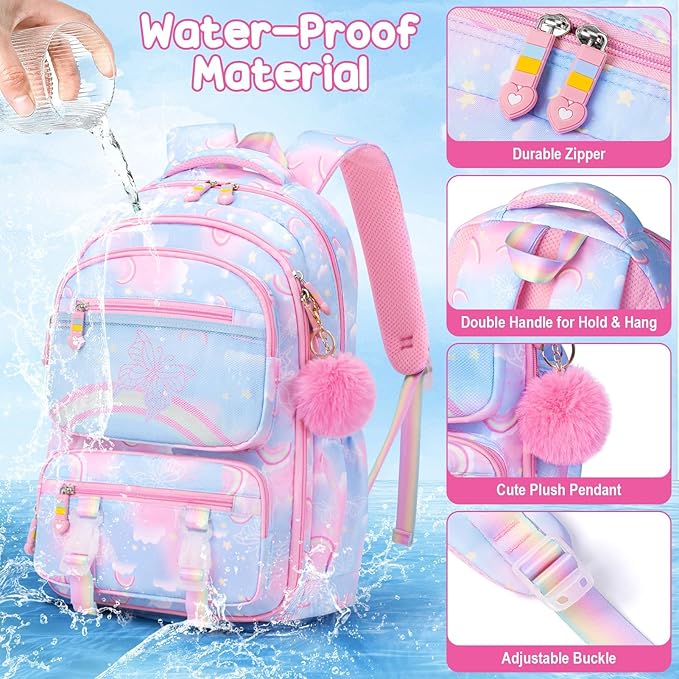 Fimibuke Kids Backpack for Girls, 3PCS Rainbow & Butterflies Teen Girls Backpack with Lunch Box Pencil Case, Cute Purple Bookbag School Bag for Kindergarten Elementary Middle School Student Ages 5+