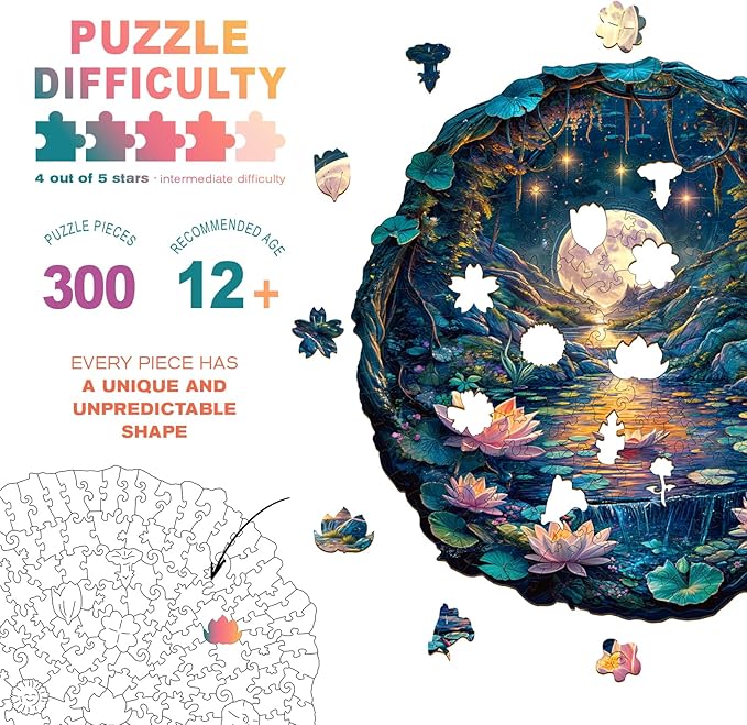 Wooden Puzzles for Adults - Moon Lotus Wooden Jigsaw Puzzle - Unique Animal Shaped Wood Puzzles Adult - Christmas Birthday Gifts for Adults/Friends/Family - 300pcs 13.4 * 13in