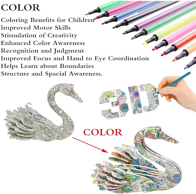 KAZOKU 3D Coloring Puzzle Set, Arts and Crafts for Girls&Boys Ages 6-12 Toys 4 Animals Puzzles with 12 Coloring Pens Supplies Fun Painting Kit Kids Age 8 9 10 11 12 Birthday Children's Day Gift