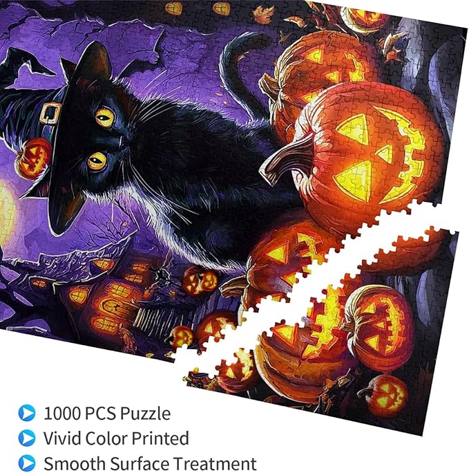 Halloween Cat Puzzles 1000 Pieces for Adults Cute Horror Black Cat Pumpkin Jigsaw Puzzle Halloween Party Gifts Puzzle Home Decor