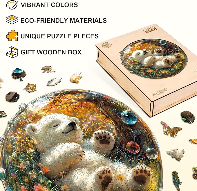 Wooden Puzzles for Adults, Wooden Jigsaw Puzzles for Adults Kids, Bubble Bear Unique Shaped Wood Puzzles Adult, Creative Gifts for Friends Family Game, Home Decor(11.4 * 11.4in 200pcs)