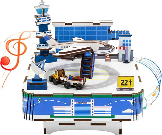 3D Wooden Puzzles Airport Model DIY Rotating Music Box Kit for Teen Boys and Girls-Birthday Gifts and Toys for Kids（Airport Model Music Box）