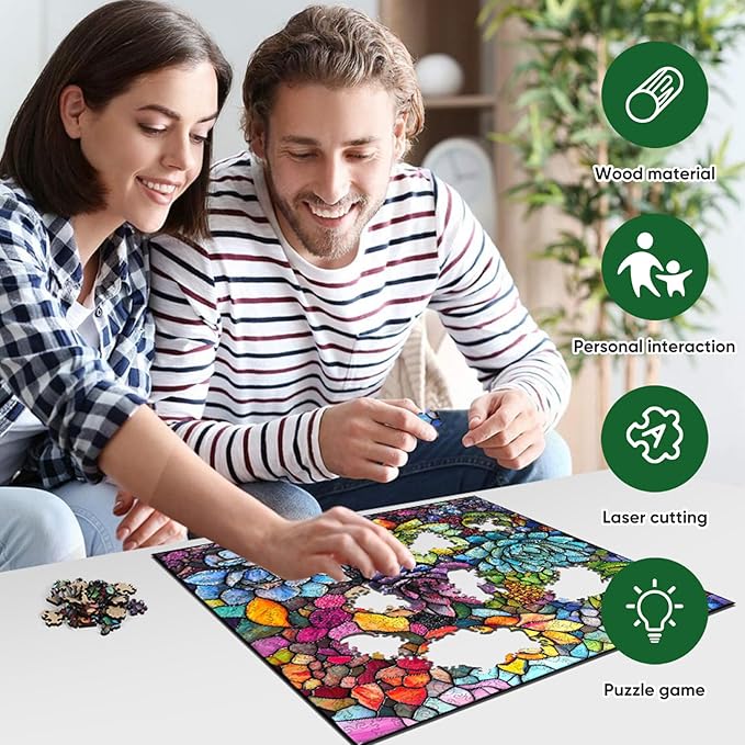 delobi Stained Glass Puzzle Succulent Wooden Puzzles for Adults 200 Pieces, Unique Liberty Challenging Jigsaw Puzzles Gift for Friends Family Game Medium Size 11.2'' x11.2''