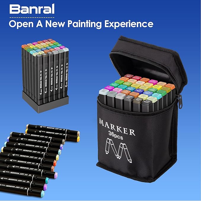Banral 36 Colors Alcohol Markers Set, Dual Tip Alcohol Based Art Marker for Artists Kids Adult Coloring, Permanent Illustration Sketch Pens for Drawing with Case and Holders